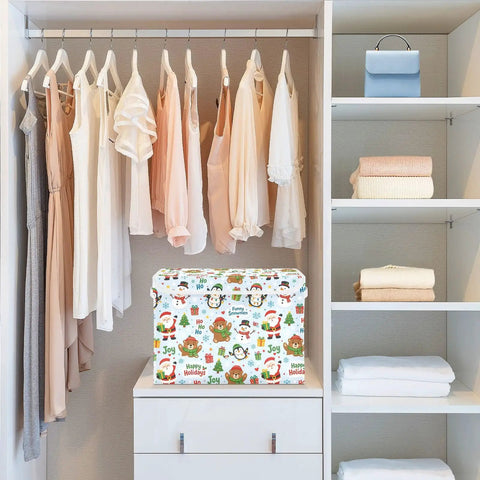 Heavy Duty Foldable Storage Bin With Secure Lid And Easy Grip Handles Built Tough Hollow Frame Collapses Flat Saves Smart Space For Bedroom Closet Dorm Room Organization Hack Crafted From Rugged 300D Oxford Fabric Dustproof Velcro Top on dresser in organized closet.