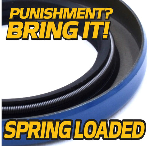 Close-up of Beefed Up Heavy Duty Trailer Wheel Hub Grease Seals 4 Pack For 5200 7000 Lb Axles, showing double lip and garter spring.