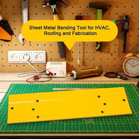 Yellow 12 Inch Sheet Metal Bending Tool for HVAC ductwork, roofing projects; highlighted on a workbench, surrounded by tools.