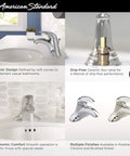 Reliant 1-Handle 4-Inch Centerset Bathroom Faucet In Brushed Nickel With Ceramic Disc Valve, shown in various settings