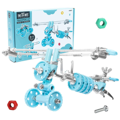 AirBit Build Your Own Airplane STEM Kit For Creative Kids And Curious Adults, blue model components and packaging