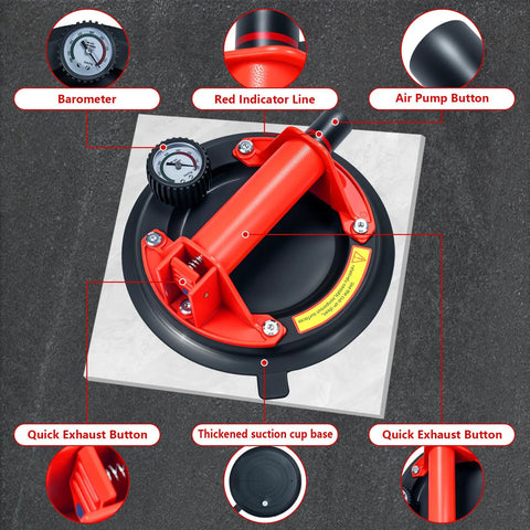 2-pack 8-inch heavy-duty glass suction cups lifting tool, red handle, front view with gauge and air pump