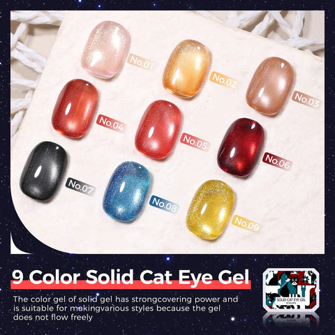 Nine Color Cat Eye Gel Polish Set With Magnetic Nail Kit Dope Holographic Shimmer Gel Strong Magnet And Brush swatches display