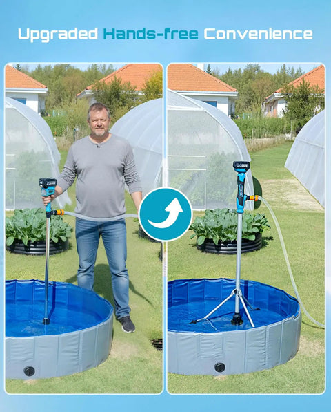 Cordless Stick Water Transfer Pump With Tripod Stand Hands Free in pool setup with man demonstrating use, 720 GPH flow