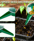 Mini Seed Spreader Set For Easy No Mess Even Planting, 12 Pack Handheld Seed Sower Kit in action, green tool distributing seeds