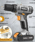 20V Cordless Power Drill Kit With Dual Speed Motor And Two Rechargeable Batteries Featuring Hella Tough Electric Screwdriver showing variable speed, keyless chuck, and LED light.