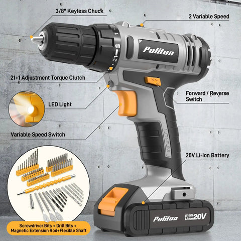 20V Cordless Power Drill Kit With Dual Speed Motor And Two Rechargeable Batteries Featuring Hella Tough Electric Screwdriver showing variable speed, keyless chuck, and LED light.