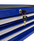 Close-up of blue Industrial 3 Drawer Portable Metal Tool Chest Cabinet 26 Inch Heavy Duty Mid Size Steel Tool Storage Box with lock and key.