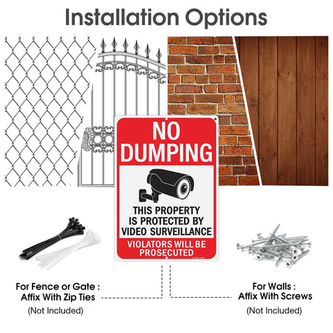 Large No Dumping Sign Keep Off My Patch Property Protected By Video Surveillance Reflective Aluminum Plate with installation options.
