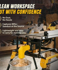 Table Saw Dust Collector Adapter For DWE7485 2.5 Inch Port Snap On Design captures sawdust into a bucket
