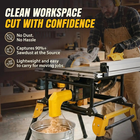 Table Saw Dust Collector Adapter For DWE7485 2.5 Inch Port Snap On Design captures sawdust into a bucket
