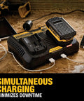 Dual 12V To 20V MAX Battery Charger For Li Ion Batteries With Two USB Ports, charging multiple devices on wooden surface