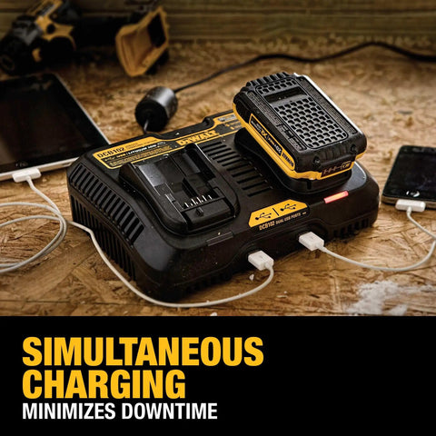 Dual 12V To 20V MAX Battery Charger For Li Ion Batteries With Two USB Ports, charging multiple devices on wooden surface