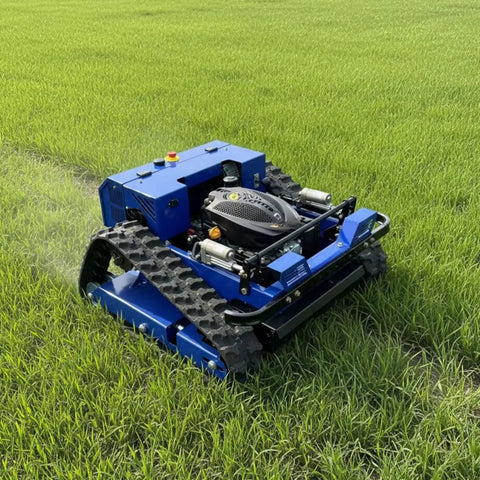Remote Control Lawn Mower For Hills And Slopes A Rugged Tracked Grass Cutter in action on a green grassy field
