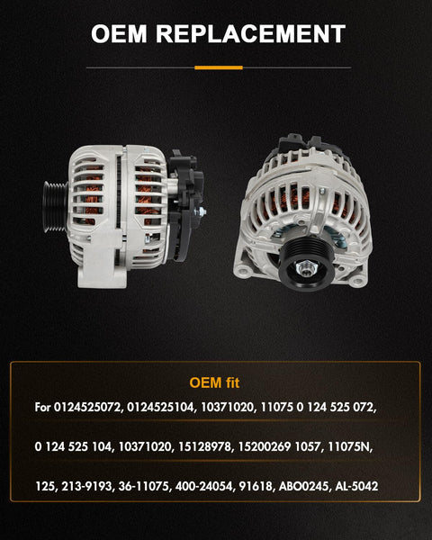 Side and front view of Alternator Replacement For GMC Sierra 1500 HD 2005-2006, Sierra 2500 HD 2005-2007, Sierra 3500 2005-2006, Yukon And Yukon XL 2005-2006, OE 11075, Premium Auto Electrical Part That Fits Like OEM