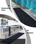 Anti Fatigue Drainage Rubber Floor Mat Roll 83 By 36 Inch Non Slip Heavy Duty For Kitchen Bar Restaurant Wet Areas With Holes Quick Drain Slip Resistant Commercial Grade Mat Use Indoors shown by a pool and in a kitchen.