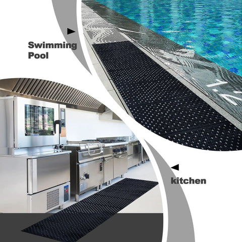 Anti Fatigue Drainage Rubber Floor Mat Roll 83 By 36 Inch Non Slip Heavy Duty For Kitchen Bar Restaurant Wet Areas With Holes Quick Drain Slip Resistant Commercial Grade Mat Use Indoors shown by a pool and in a kitchen.