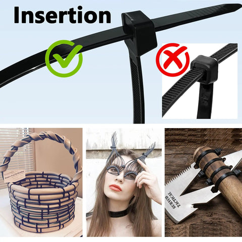 Close-up of Heavy Duty 200Lb 18 Inch Zip Ties 70 Pack Black Cable Ties For Outdoor Use showing correct lock insertion method.