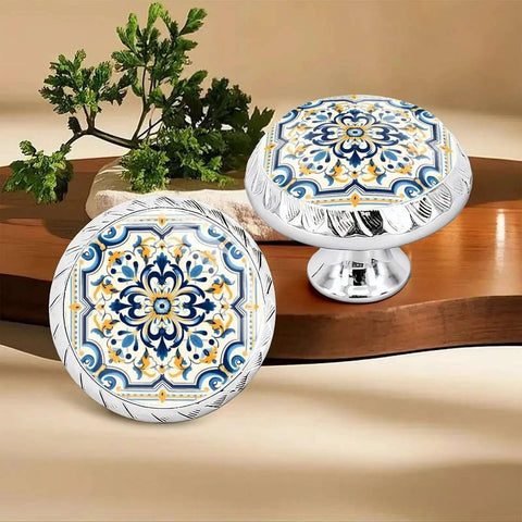 Six Pack Ornate Baroque Tile Drawer Knobs With Crystal Glass And Silver Base Boho Chic Dresser Pulls in vibrant mosaic