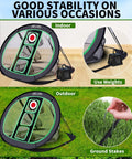 All In One Golf Chipping Net And Mat Set For Indoor Practice Pop Up Foldable Target shown with weights and ground stakes