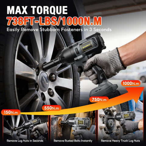 Half Inch Cordless Impact Wrench Delivers Up To 738 Foot Pounds Of Torque For Tough Bolts And Rusted Nuts Beast Mode Power For Car Tires Trucks SUVs RVs And Heavy Duty Garage Maintenance on wheel lug nuts