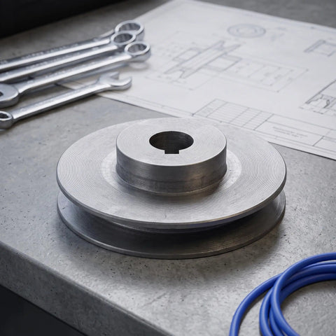 Sturdy Cast Iron Single Groove V Belt Drive Pulley With 100mm Pitch Diameter And 19mm Bore for industrial setup on table.