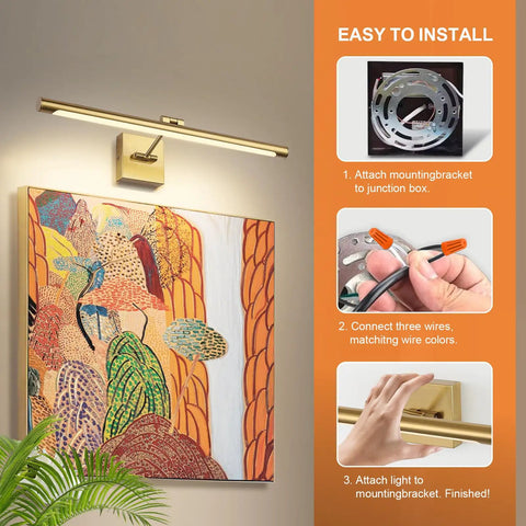Dimmable LED Picture Light for Artwork 24.4 Inch Swing Arm Wall Lamp Full Metal Brass Finish 3000K installation steps