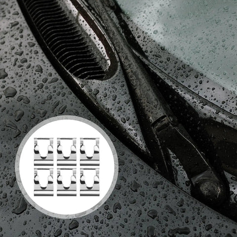 Top Quality 6 Piece Windscreen Wiper Fixing Clips In Manganese Silver For Quick Car Repair And Linkage Clamp Fixes On Most Common Vehicles To Get You Back On The Road In A Jiffy, 6 silver clips on wet windshield