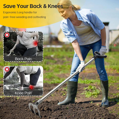 Person using Long-Handle 62-Inch Cultivator Hand Rake With 3-Tine Heavy-Duty Carbon Steel D Grip in garden