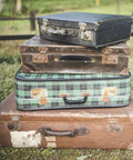 Stack of vintage suitcases with worn handles and latches in a grassy outdoor setting.