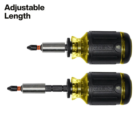 Two 8-In-1 Stubby Screwdrivers with Magnetic Handle, Impact Rated and Adjustable Blade, compact design with visible branding