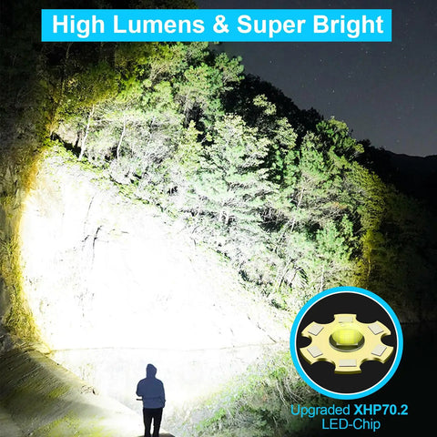 Beam of Rechargeable 10000 Lumen LED Tactical Flashlight With 5000mAh Battery illuminating trees at night with high lumens