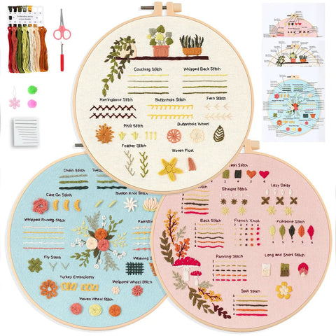 Beginner Embroidery And Cross Stitch Kit For Adults 3 Pack With Pre Printed Patterns Colorful Threads Needles 7.8 Inch Hoop