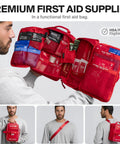 SurviveX Large Pro First Aid Kit in red bag opened, showing organized medical supplies for car, travel and home