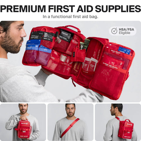 SurviveX Large Pro First Aid Kit in red bag opened, showing organized medical supplies for car, travel and home