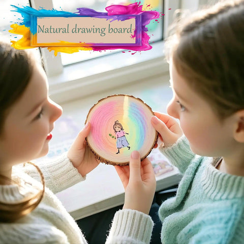 Two children holding a wood slice with a colorful drawing, labeled 'Natural drawing board', near a bright window.