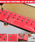 Bulletproof Aluminum Alloy Shelf Pin Jig With 11 Hole Template For Knocking Out Flawless Dowel Spacing On Built Tough Adjustable Woodworking Shelves close-up of drilling alignment