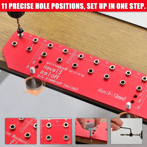 Bulletproof Aluminum Alloy Shelf Pin Jig With 11 Hole Template For Knocking Out Flawless Dowel Spacing On Built Tough Adjustable Woodworking Shelves close-up of drilling alignment