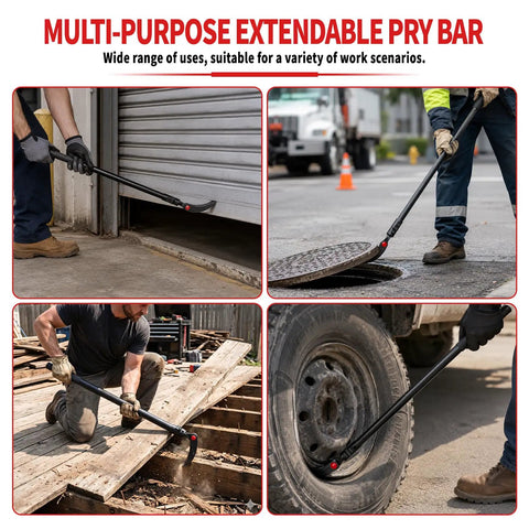 Heavy Duty Telescopic Pry Bar Locking Adjustable Angle 29 To 48 Inch Extendable Crowbar using in garage and outdoor tasks.
