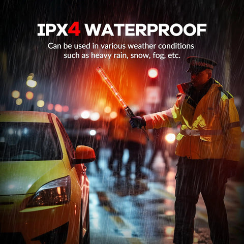 Traffic officer using 10 Pack 21 Inch Lit LED Traffic Safety Wand With 3 Flashing Modes in rain, showing IPX-4 waterproof feature