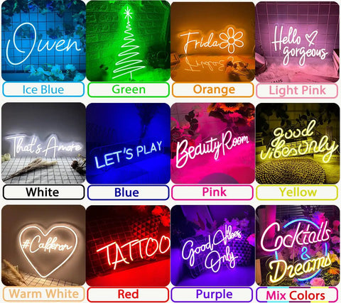 Custom Neon Sign For Wall Decor And Parties Personalize Your Name Logo Text Or Emoji In Your Favorite Font And Color A Totally Dope Gift For Weddings Birthdays Bars Game Rooms Home Offices Or Shops in various colors and designs showing multiple styles like ice blue, green, red, and purple with text and symbols.