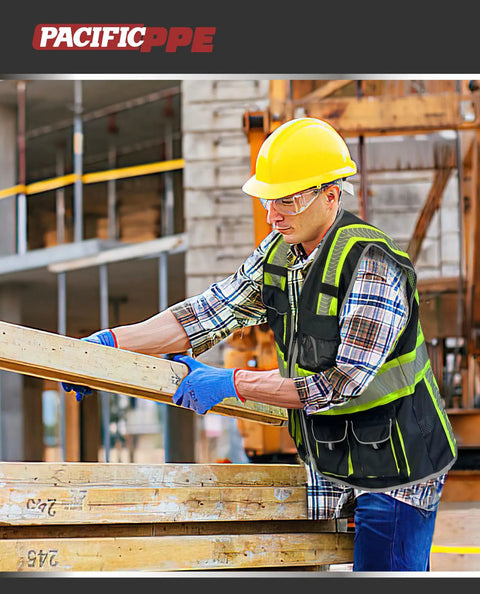 Top Notch Class 1 Black Safety Vest With Ten Roomy Cargo Pockets And 3M Reflective Straps engineered for serious breathability, worn on a job site.