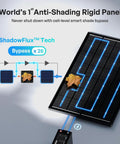 Image of ShadowFlux 200W Anti Shading Solar Panel with diagram showing smart shade bypass technology and autumn leaves.