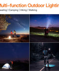 People using Rechargeable Spotlight Beast With 2,000,000 Lumens in various outdoor nighttime settings during camping and hiking.
