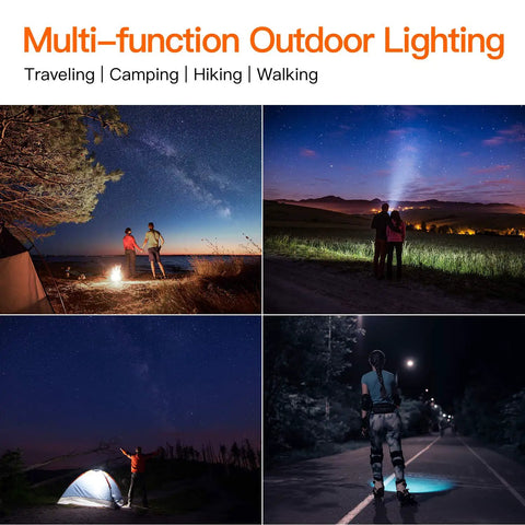 People using Rechargeable Spotlight Beast With 2,000,000 Lumens in various outdoor nighttime settings during camping and hiking.