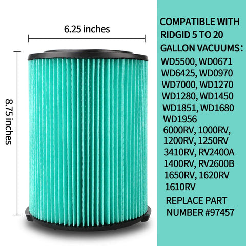 Five Layer HEPA Rated Replacement Filter for Ridgid 5-20 Gallon Wet Dry Vacuums, 8.75 x 6.25 inches, shown with compatibility list
