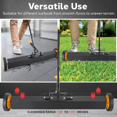 Heavy Duty Rolling Magnetic Sweeper Workhorse With Adjustable Handle Mega Pull Yard Boss Gear For Scrap Pickup And Garage Cleanup Solid Steel Frame 36 Inch Wide Magnet on smooth floor and grass.
