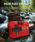 Red waterproof outdoor first aid kit with cross-shaped window, front view for boating and camping.
