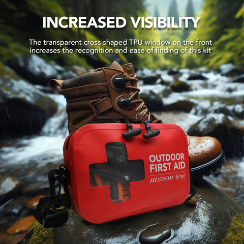 Red waterproof outdoor first aid kit with cross-shaped window, front view for boating and camping.
