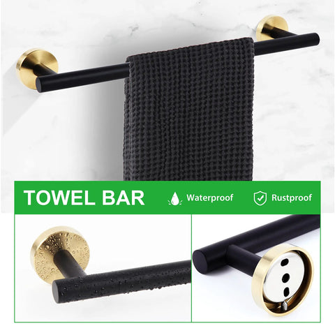 7-Piece Bathroom Hardware Set In 304 Stainless Steel With Black Gold Finish, 16-Inch Towel Bar, Modern Durable and Easy Install
